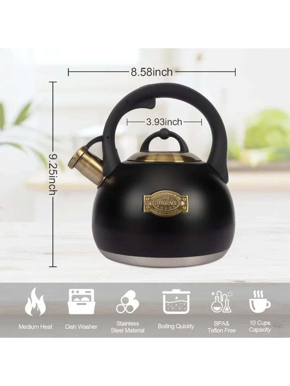 Black Kitchen Whistling Tea Kettle 3.1 Quart Stainless Steel Stovetop Tea Pot